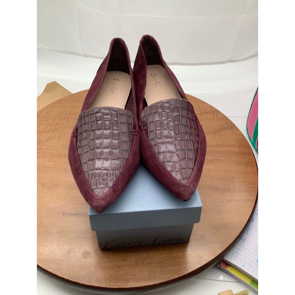 Essex Lane Eleanor Deep‎ Wine Suede Croc Embossed Pointed Toe Loafers Flats 10M